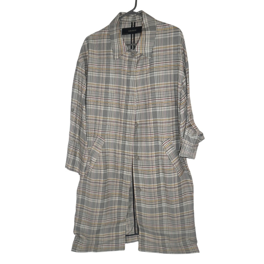 Zara Basic Plaid Duster Coat Grey Tan Longline Roll Tab Sleeve Trench Jacket M